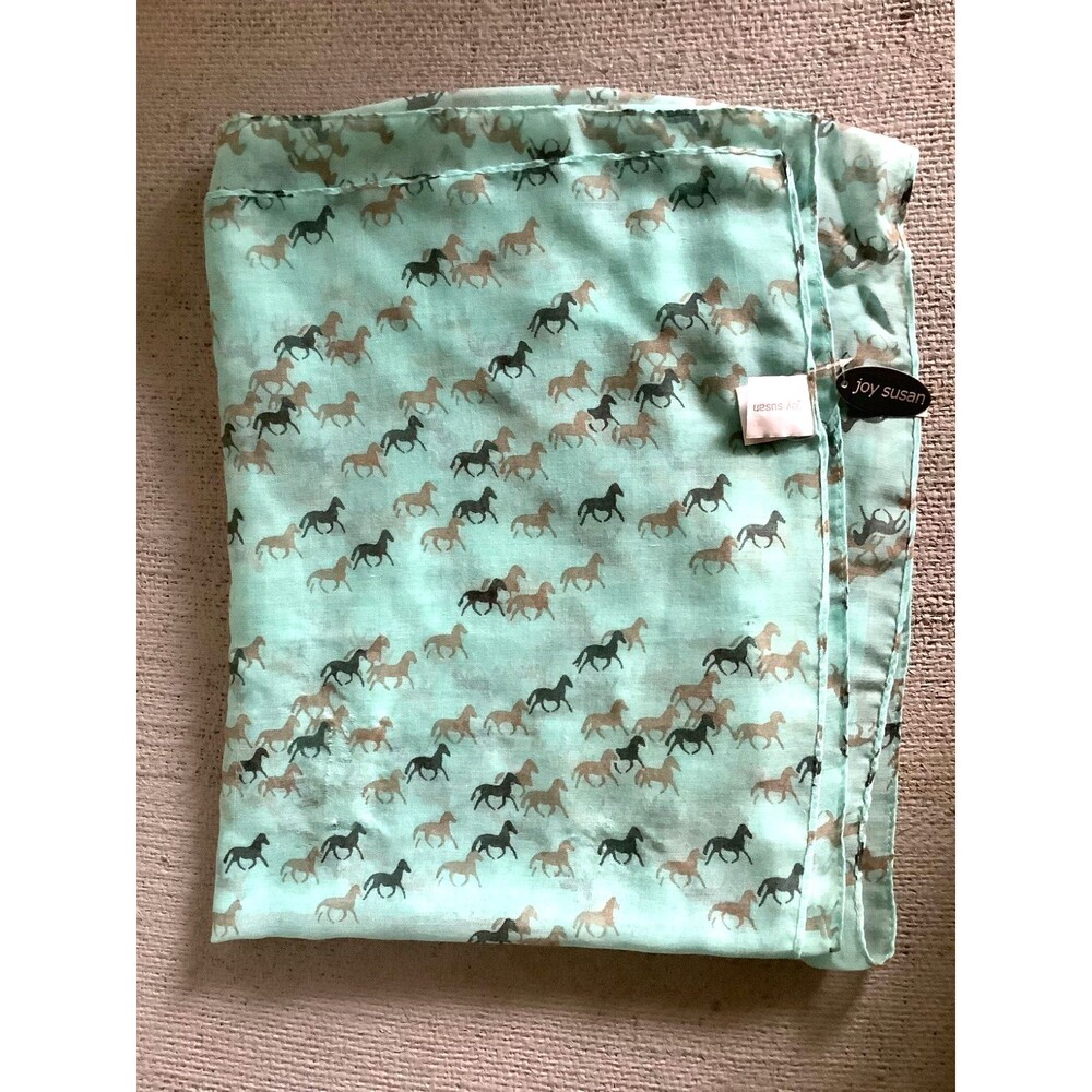 Joy Susan Turquoise Running Horses Scarf 71”x27” NEW WITH TAG Aqua Blue Pretty